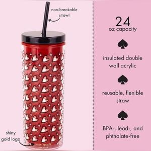Kate Spade Red Heart Tumbler With Straw New